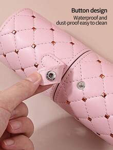 1pc Hot-Selling Pink Rivet Buckle Dustproof Waterproof Covered PU Makeup Brush Storage Bucket, Portable Travel Beauty Tool Large Capacity Storage Cylinder - Pink - View 5