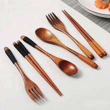 1set Kayu Sendok Garpu Set Boho Kayu Sendok Makan & Garpu & Sumpit Untuk Meja Makan - Coklat - View 7