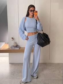 Senya 2026 Women's 3 Pieces Knit Set, Ribbed Cropped Tank Top, Bolero Cardigan And Wide Leg Pants, Soft Blue Matching Outfit, Fashion Quiet Luxury Casual Wear - Baby Blue - View 2