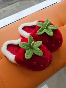 Don't Miss It! Price Rising Soon! Women Warm Non-Slip 3D Strawberry Pattern Closed-Toe House Slippers, Cute Winter Red Fur Plush Indoor Home Slides - Red - View 3