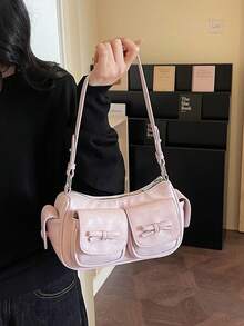 Shoulder Bag With Bow Knot Patch Pocket Decor, Multi-Pocket Layered Storage For Small Items, Zipper Closure, Baguette Underarm Bag For Daily Outings, Dates, Commuting, Travel, Versatile And Personalized Adjustable Strap Crossbody Small Bag - Pink - View 5
