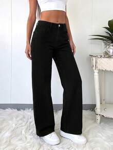 Elegant & Casual Women's Wide Leg Jeans, Denim Fabric, Solid Color Washed, Full Length, Medium Stretch Black Fall - Black - View 7