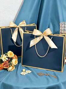 Gift Set For Her/Him 1pc/2pcs, Includes Gold Ribbon, Tissue Paper And Blue Gift Bag, Blue Gift Bag With Gold Trim And Handle, Paper Gift Bag, Shopping Bag, Gift Bag With Bow Ribbon, Suitable For Wedding, Birthday, Valentine's Day, Christmas - Multiple Styles - View 2