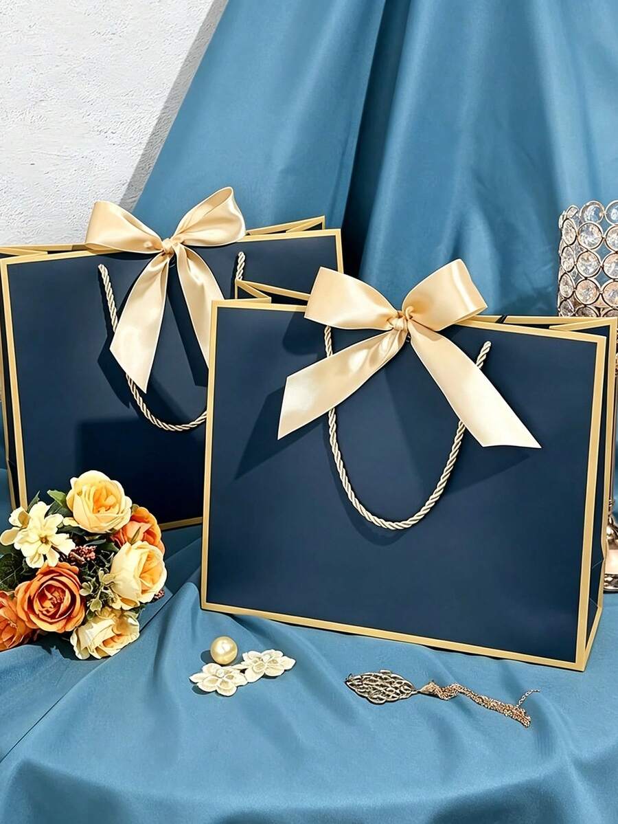 Gift Set For Her/Him 1pc/2pcs, Includes Gold Ribbon, Tissue Paper And Blue Gift Bag, Blue Gift Bag With Gold Trim And Handle, Paper Gift Bag, Shopping Bag, Gift Bag With Bow Ribbon, Suitable For Wedding, Birthday, Valentine's Day, Christmas