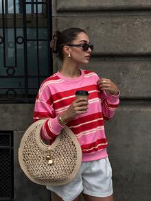 Sweatshirt Wanita Kasual Serbaguna Motif Garis-Garis Blok Warna Musim Gugur/Dingin 2026, Cocok untuk Berbelanja, Bepergian, Kencan, dan Acara Lainnya - Hot Pink - View 5