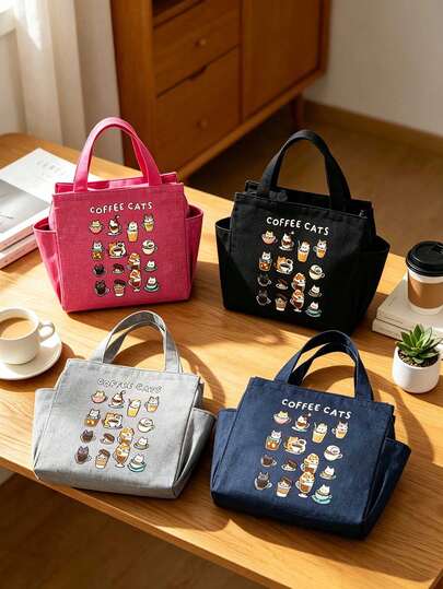 Coffee Cat Print Insulated Lunch Tote Bag, Soft Cooler Lunch Box, Portable Picnic Bag, Insulated Lunch Bag, Public Lunch Bag, School Insulated Lunch Bag, Office Lunch Box, Reusable Large Capacity Insulated Tote Bag, Side Pocket Design, Convenient For Carrying Food, Suitable For Work, Office, School, Picnic, Travel And Other Occasions, Cute Cartoon Cat Coffee Pattern Meal Carrying Bag, Suitable For Women, Girls, Teenagers, Back To School Season, Holiday Gifts