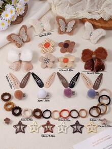 823pcs Milk Coffee Vintage Academy Style Plush Hair Accessories Set, Suitable For Girls. Plush Rhinestone Bows, Pom Poms, Plaid Flowers, Glitter Plush Butterfly Hair Clips, Water Drop Bangs Clips, Mini Claw Clips And Multiple Basic High Elastic Hair Ties. Can Be Used For Daily/Party/Outing - Multicolor - View 5