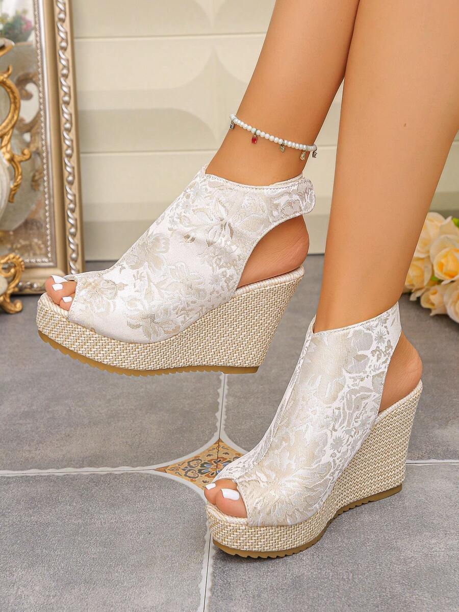 Women's Versatile Peep Toe Sandals With Rope Sole, Thick Platform Wedge Heel And Hook And Loop Closure - Beige - View 1