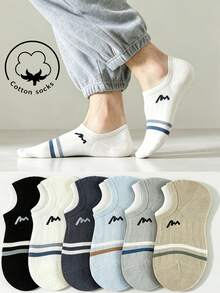 1/3/6 Pairs Men's Cotton Boat Socks, White Socks, Striped, Letter Design Fashion Breathable Socks, Moisture-Wicking, Suitable For Daily Wear/All Seasons, Random Color - Multicolor - View 5
