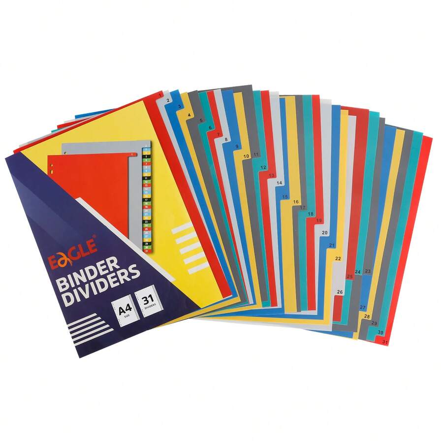 Eagle 31pcs A4 Size Loose-Leaf Divider Pages, 1-31 Index Tabs, 11-Hole Design, Suitable For 2/3/4/11 Ring Binders, Plastic Index Dividers, Suitable For School Office Organization Reports And Presentations
