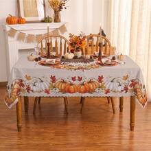 1pc Thanksgiving Autumn Pumpkin & Maple Leaf Print Rectangular Tablecloth, Suitable For Holiday, Party, Birthday, Dinner, Restaurant Table Decor, Autumn/Winter Home Decoration - Multicolor - View 4