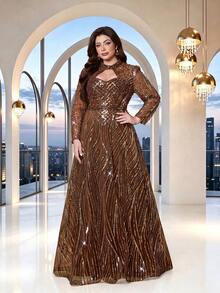 Plus Size Summer/Autumn Elegant High Neck Hollow Out Sequin Beaded A-Line Maxi Dress, Long Sleeve Sheer Tulle Formal Gown - Coffee Brown - View 2