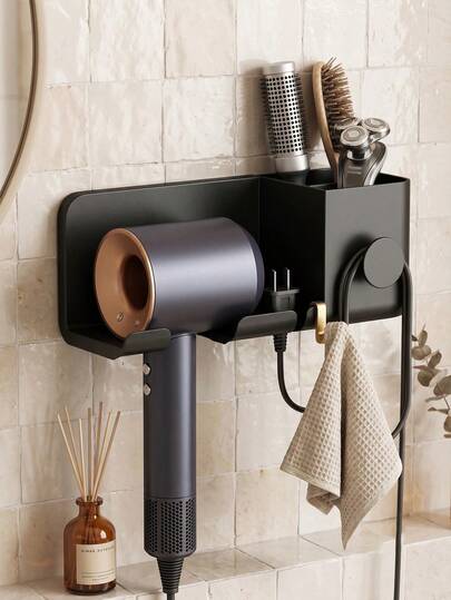 1pc Punch-Free Wall-Mounted Hair Dryer Holder, Hair Dryer Organizer With Plug Hook, Space-Saving Hair Dryer Storage, Multifunctional Bathroom Organizer, Stores Hair Dryers And Toiletries, Suitable For Bathrooms, Back To School Supplies