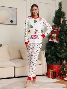Bộ đồ mặc nhà Giáng Sinh 2 món cho nữ, áo dài tay họa tiết in toàn thân ông già Noel, cây thông Noel và tuần lộc, quần bo gấu viền đỏ, bộ pijama gia đình dịp lễ - Nhiều màu - Xem 1