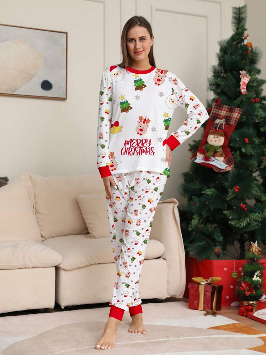 Bộ đồ mặc nhà Giáng Sinh 2 món cho nữ, áo dài tay họa tiết in toàn thân ông già Noel, cây thông Noel và tuần lộc, quần bo gấu viền đỏ, bộ pijama gia đình dịp lễ - Nhiều màu - Xem 1