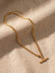 1pc Vintage Gold T-Bar Pendant Necklace Chain, Cuban Link Geometric Cylinder Pendant Necklace, Layering Jewelry Accessory - Gold - View 9