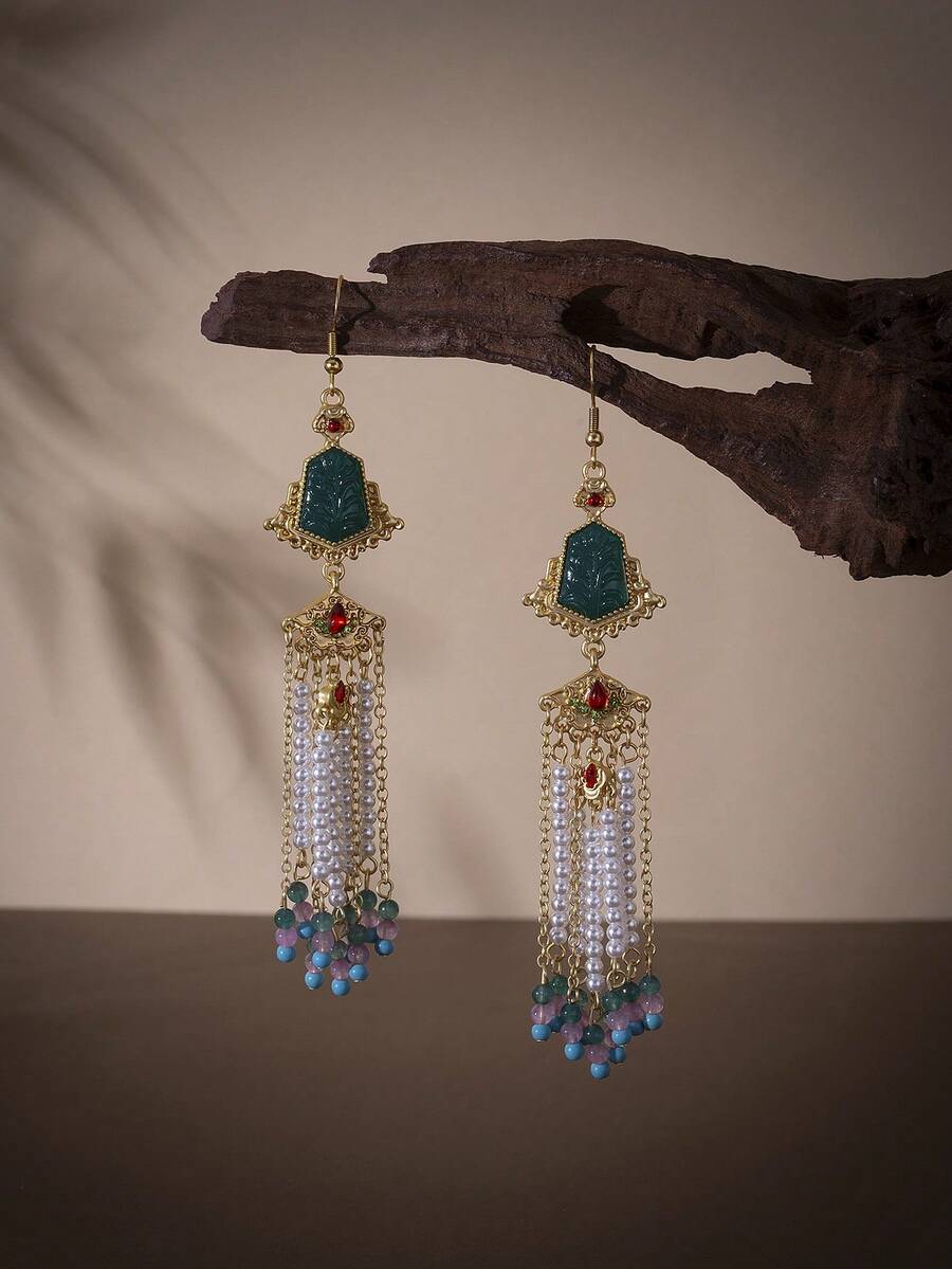 1 Pair New Chinese Style Vintage Tassel Earrings, Faux Jade Carved ...