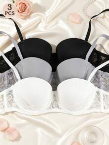 3pcs Women's Multi-Functional Detachable Strap Underwire Bra Set, Floral Lace Side Smooth Balconette Bandeau Bra, Suitable For Party And Wedding - Multicolor - View 1