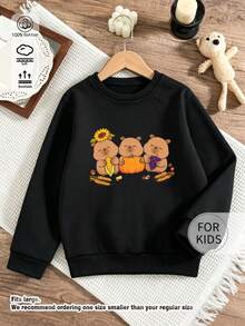 Tween Girl Cartoon Capybara Harvest Graphic Crew Neck Sweatshirt, Soft Cotton Long Sleeve Basic Pullover Top - Black - View 7