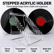 1pc Transparent Detachable Tiered Acrylic Display Stand, Multi-Slot Curved Desktop Storage Rack, Suitable For Vinyl Records, CD Collection And Signage, Space-Saving Floating Display Storage Rack, Home Desktop Decor Collectible Accessory - White - View 1