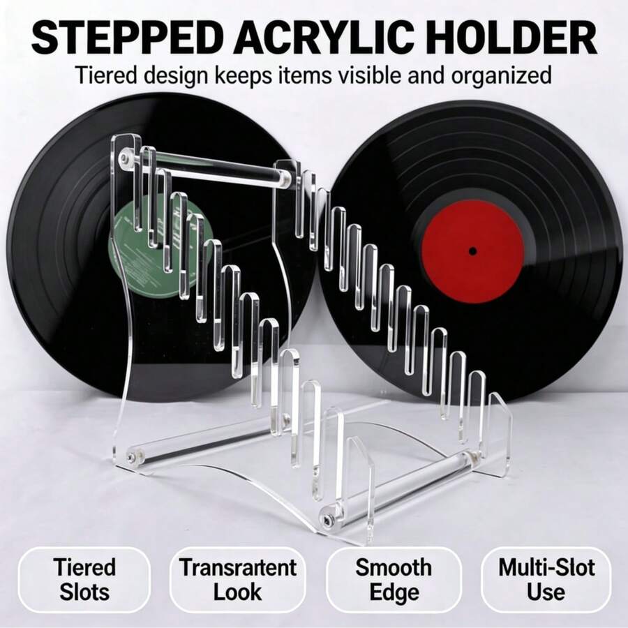 1pc Transparent Detachable Tiered Acrylic Display Stand, Multi-Slot Curved Desktop Storage Rack, Suitable For Vinyl Records, CD Collection And Signage, Space-Saving Floating Display Storage Rack, Home Desktop Decor Collectible Accessory - White - View 1