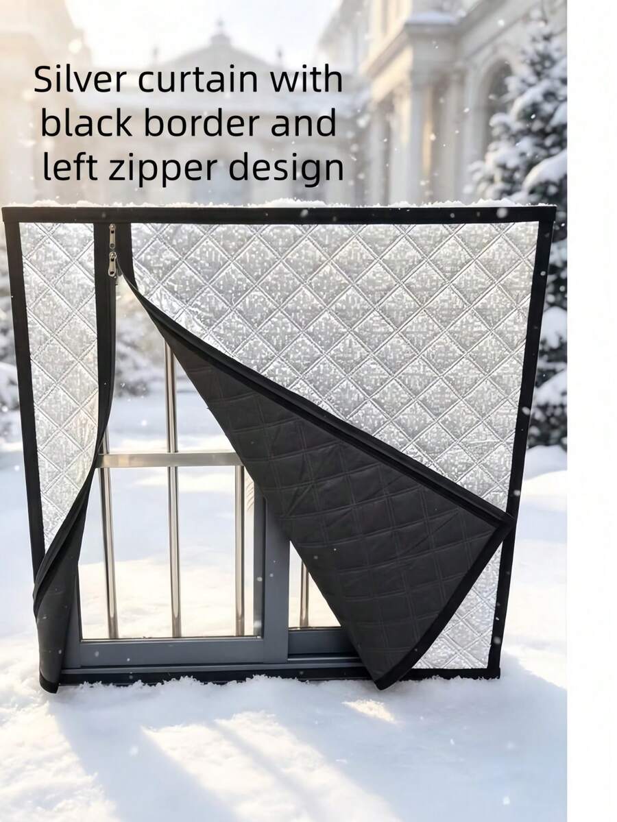 Winter Window Draft Solution! Thickened Aluminum Foil Zipper Thermal Curtain, Left-Opening Design No Need To Remove When Opening Window, Lock Temperature And Resist Cold All Winter - Silver Curtain With Black Trim, Left-opening Zipper - View 1