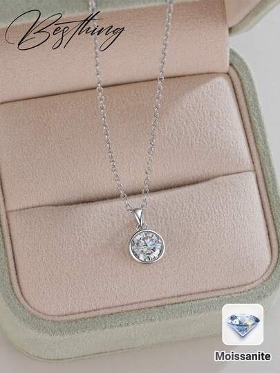 Besthing 1pc S925 Sterling Silver 1CT Round Moissanite Fashion Delicate Bezel Pendant Necklace For Women, Quality Bridal Engagement Daily Accessory, Valentine's Day Anniversary Holiday Gift, Wedding Season