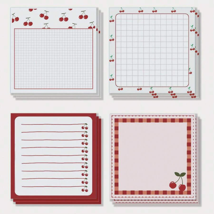 4 Packs Cherry Pattern Sticky Notes, 3x3 Inch, 50 Sheets, Cherry Pattern Memo Pads, Adhesive, Cherry Pattern Memo, Suitable For School, Office, Home Supplies, Student Teacher Gifts, Back To School Gifts - one-size - View 1