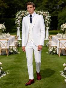 Men's 3 Pieces Solid Color Suit Set, Slim Fit Blazer, Vest, Trousers, Formal Business Wedding Party Ball Suit, Multiple Colors - White - View 2
