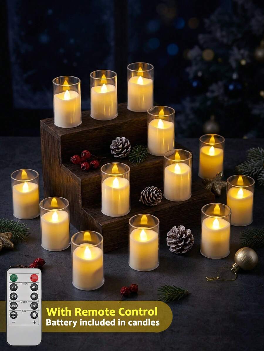 6/12/24pcs Flickering Flameless Candles With Timer And Remote Control, Battery Operated LED Wishing Candles, Smokeless And Odorless, Suitable For Christmas, Halloween, Valentine's Day, Proposal, Wedding, Party, Gift