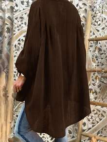Plus Size Women's Bohemian Style Vacation Loose V-Neck Top, Lightweight Faux Linen Texture Summer Country Style Beach - Brown - View 3