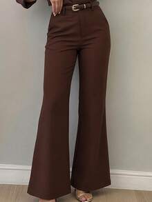 Women's Minimalist Design Flared Leg Casual Trousers, Suitable For Commuting, Office, Daily Wear, All Seasons Spring Fall - Brown - View 1