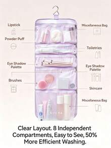 1PC Modern Minimalist Ins‑Style Nylon Rectangular Hanging Cosmetic Bag, Letter Print Buckle Closure, Hand‑Carry Hanging Multi‑Compartment Large‑Capacity Makeup Toiletry Organizer For Daily Home Use, Holidays, All‑Season Outings Perfect Gift Choice - Multicolor - View 5