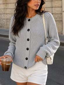 YuwenierPOP Vintage Casual Grey Ribbed Knit Cardigan Round Neck Black Buttons Lantern Sleeve Raglan Sleeve Sweater Autumn/Winter Layering Style - Grey - View 7