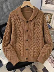 Boys' College Style Solid Khaki Cable Knit Cardigan Sweater With Turn-Down Collar And Raglan Sleeves, Suitable For School Daily Casual Wear In Spring, Autumn And Winter - Brown - View 3