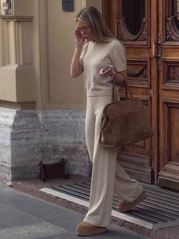 FOR BEAUTY Fall Winter Women Two Pieces Sets Y2K Camel Short Sleeve Knit Top Wide Leg Pants Matching Sweatsuit Set Loungewear Airport Outfit Vacation