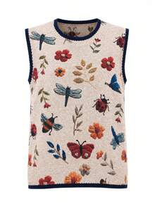 Women's Lightweight Knitted Tank Top, Insect & Floral Print, Casual Round Neck, Suitable For All Seasons, Autumn Women's Vacation Outfit - Apricot - View 9