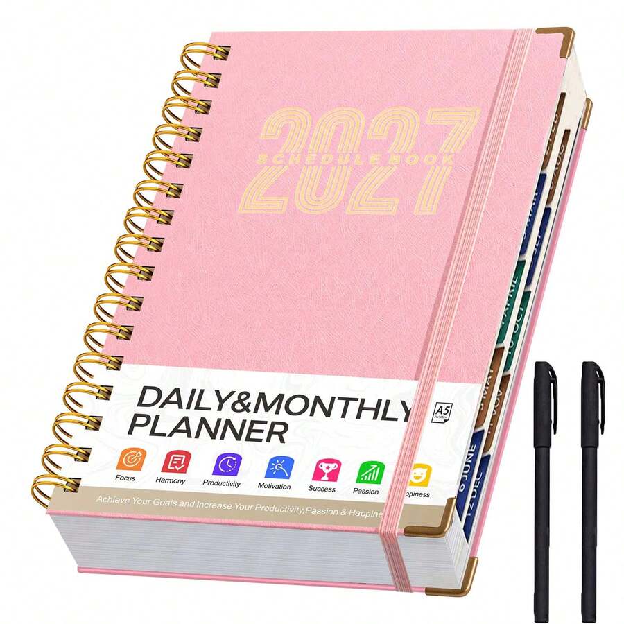 2027 Daily, Monthly, Yearly Planner Academic Agenda Organizer, Comes With 2 Pens, Spiral Bound Multi-Function Monthly Calendar, Suitable For Students, Office And Business Use, Perfect For Daily Planning, Enhancing Self-Discipline And Time Management, Premium Hardcover Agenda Notebook, Full Year Organizer With Calendar, Goal And Schedule Tracking For Business And Office Use