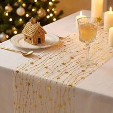 1pc Transparent Mesh Star Garland Christmas Holiday Table Runner, Elegant Thin Mesh Glitter Tablecloth Centerpiece Home Decor For Holiday Birthday Party Dinner, Gold And Silver - Gold - View 9