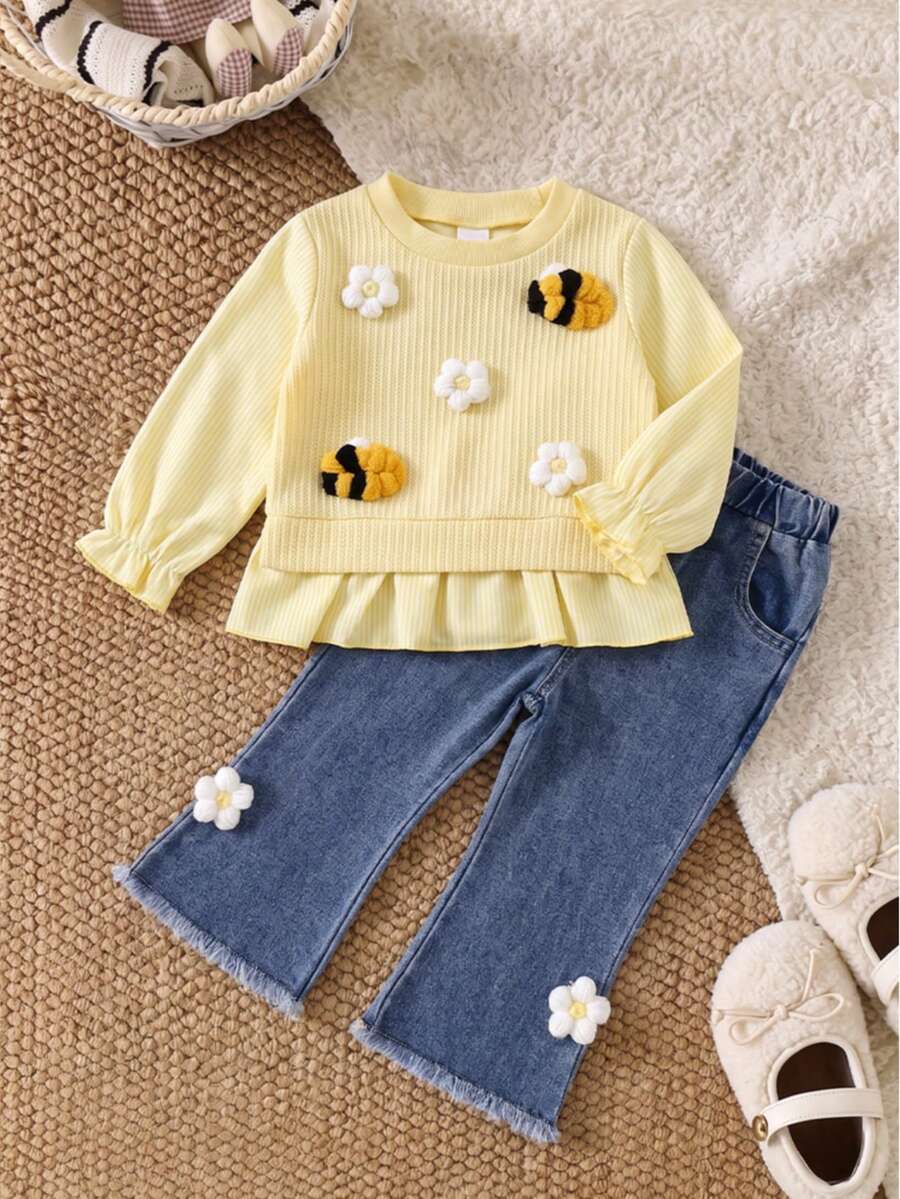 Baby Girl Spring/Autumn Sweet Bee & Floral Knit Top And Denim Flare Pants 2 Pieces Set, Stylish Versatile Outfit - Yellow - View 1