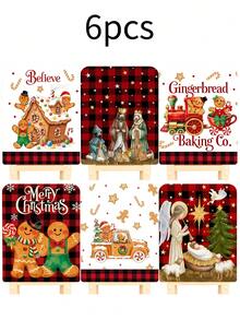 6Pcs Winter Christmas Chair Covers/Chair Back Covers, Black & Red Buffalo Plaid Style Chair Covers, Gingerbread Man & Nativity Scene Pattern Dining Chair Covers, Suitable For Home, Study, Dining Room And Kitchen Winter Holiday Chair Protection Covers - Multicolor - View 8