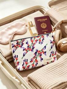 L'Occitane Watercolor Lavender Floral Print Canvas Zipper Makeup Bag Portable Travel Cosmetic Storage Pouch For Daily Outing Vacation Birthday Holiday Gift For Women LOCCITANE‑GIFT‑63 - White + Purple + Red - View 3