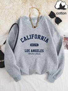 女款 California Los Angeles 字母印花秋冬休閒圓領長袖衛衣上衣 - 淺灰色 - 查看 2