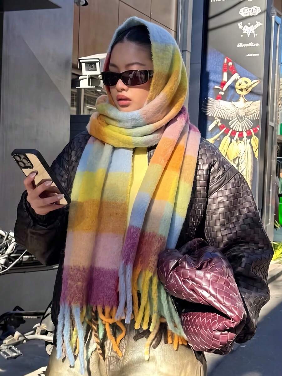 1件秋冬時尚條紋格紋毛絨保暖女款厚圍巾，柔軟如羊絨，波希米亞休閒防風情侶披肩，舒適毯式圍巾，適合日常穿著 - 黃色 - 查看 1