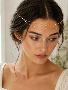 outingfit 1pc Beach Chain Star Flower Head Chain, Bohemian Style Fashion Headpiece Hair Chain, Personalized Women's Jewelry Accessory - FJ2278 - View 4