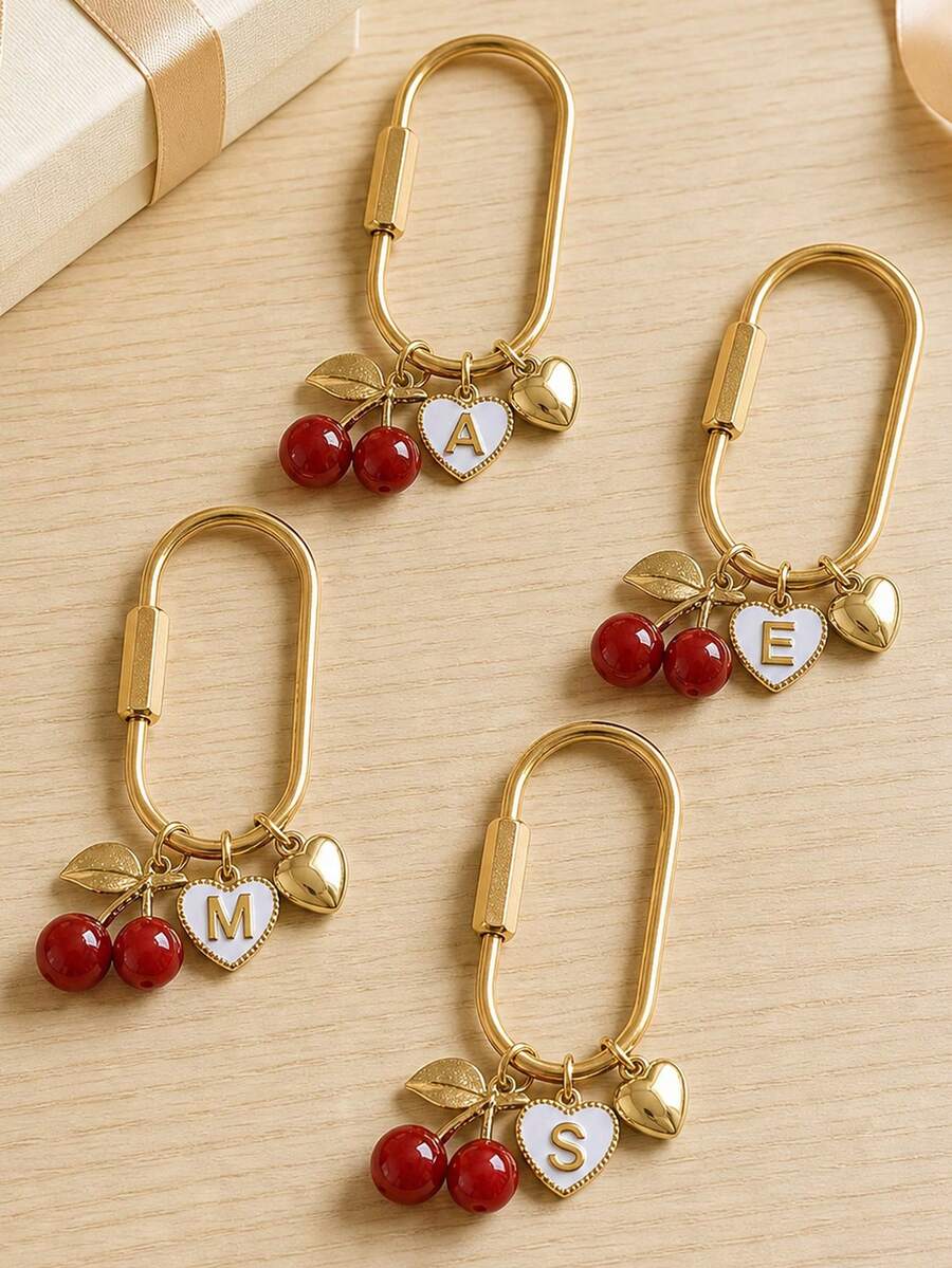 Red Cherry Letter Keychain Bag Pendant,Feature Golden Heart And White Border Letter Heart Pendant,Car Keychain,Bag Accessories,Decorative Pendant - Multicolor - View 1