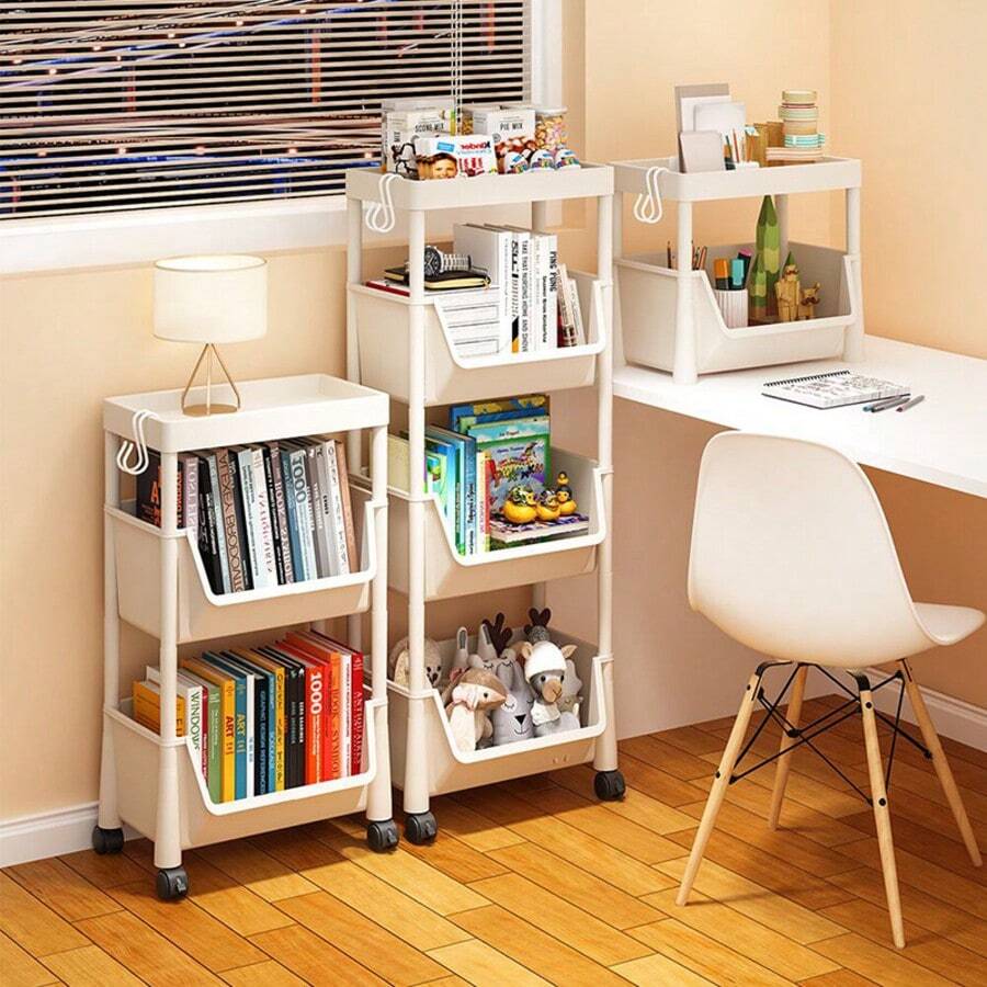 1pc White Mobile Storage Cart, Plastic Practical Storage Rack With Wheels, Adjustable Shelf Unit, Space-Saving For Living Room, Bedroom, Dorm, Office - Easy To Assemble, Sturdy Structure, Compact Design, Independent Stand, Tilted Shelves, Multi-Purpose - White - View 1