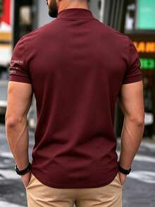 Men's Casual Fashionable Versatile Minimalist Printed Half-Turtleneck Short Sleeve T-Shirt, Summer - Burgundy - View 2