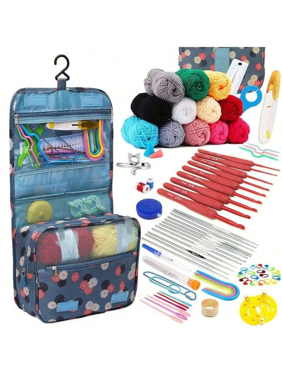 EDCUEBE7 1 Set Alat Rajut Kait Set Perlengkapan Jahit Kit Merajut untuk Pemula, Dengan Benang Rajut dan Tas Penyimpanan, Kait Rajut Ergonomis dan Aksesoris (Semua Warna Produk Acak, Kemasan Benang Acak)