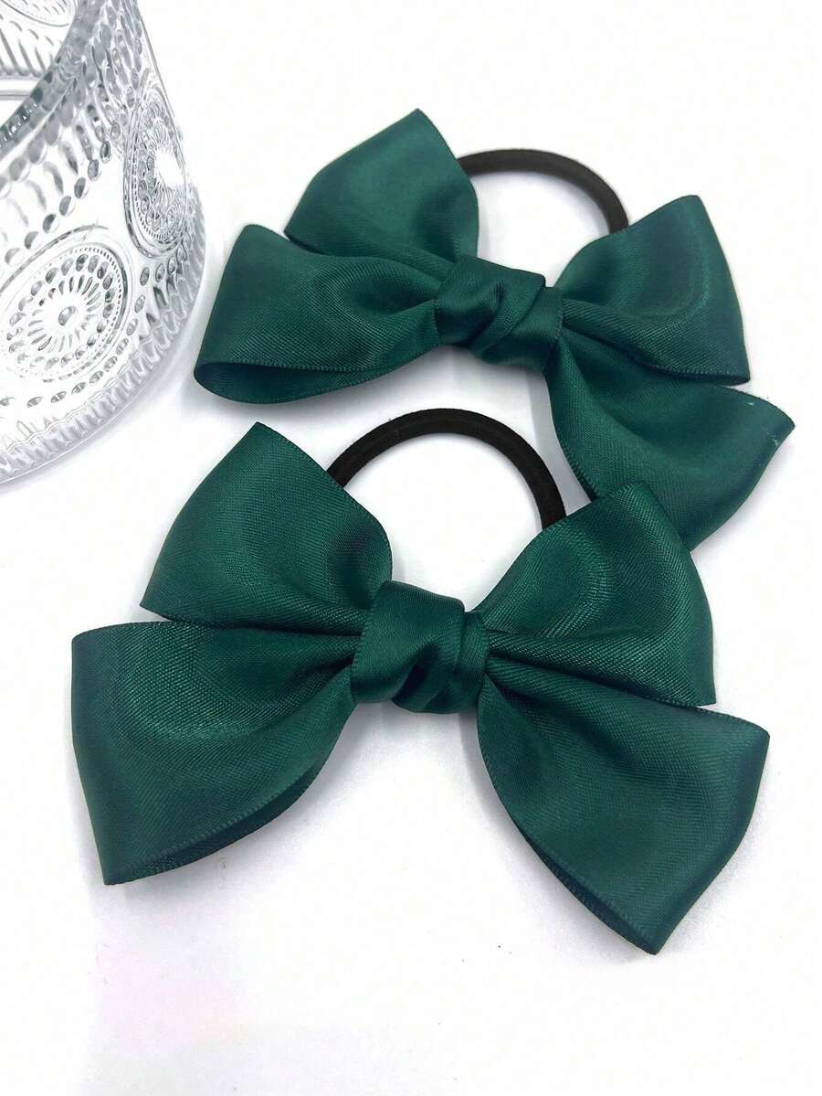 2 Pcs Satin Bow Hair Ties, Emerald Green Ribbon Elastic Ponytail Holders Cute Bows Hair Accessories For Girls Women Fall Decor - Dark Green - View 1